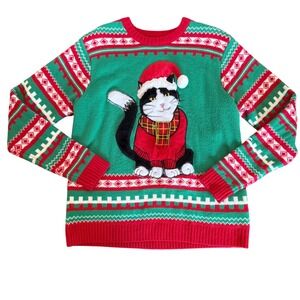 Ugly Christmas Sweater Santa Clause Cat Santa 3D Tartan Scarf Green Red Size L